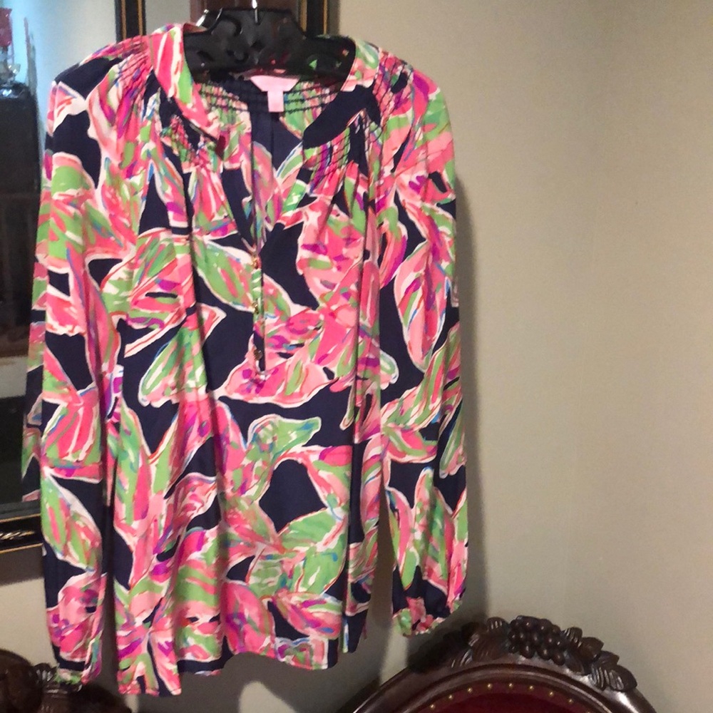 Lilly Pulitzer Pink and Green Leaf Print Blouse